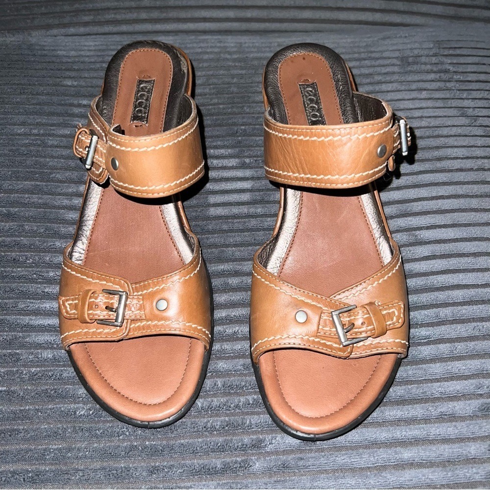 ECCO Leather Wedge Sandals Buckle Accents Slides Brown